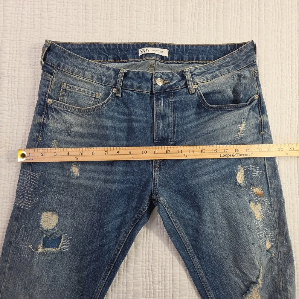 Zara Jeans Men's 36x30 Med Wash Destroyed Patched Tapered Leg Stretch Denim